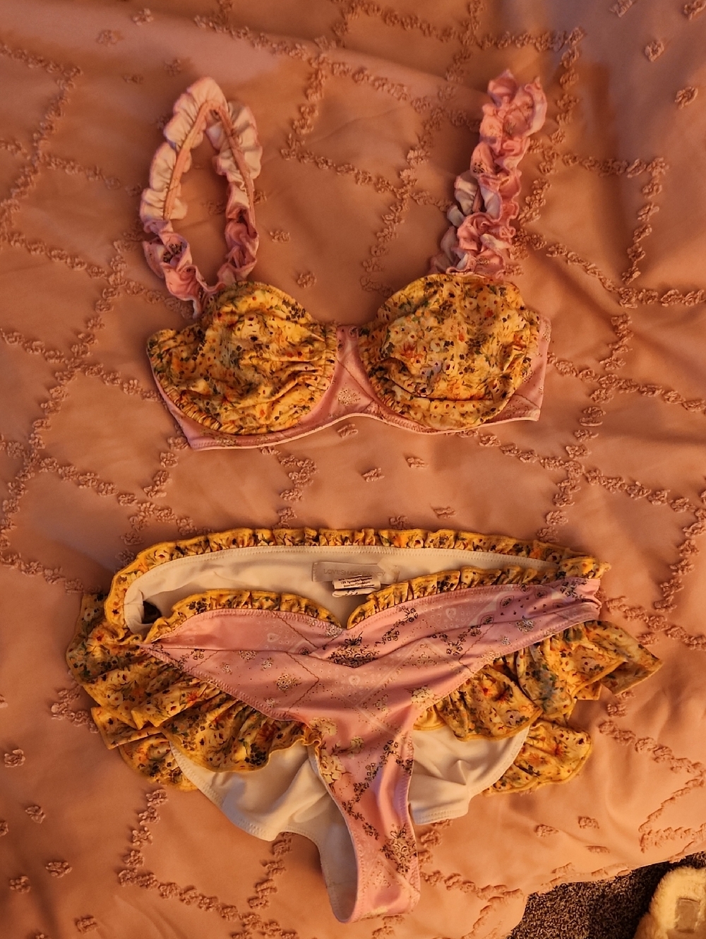 LoveShackFancy Pink and Yellow Floral Ruffle Underwire Bikini